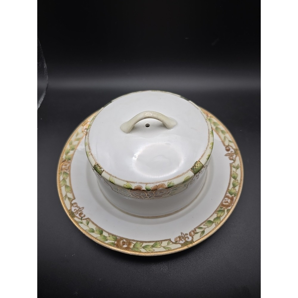 Antique Nippon Hand Painted China Cheese/ Butter‎ Dish Gold Floral